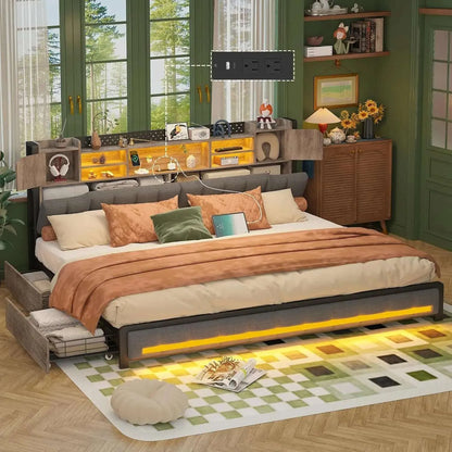 Queen Bed Frame with Charging Station. - Home Fusion