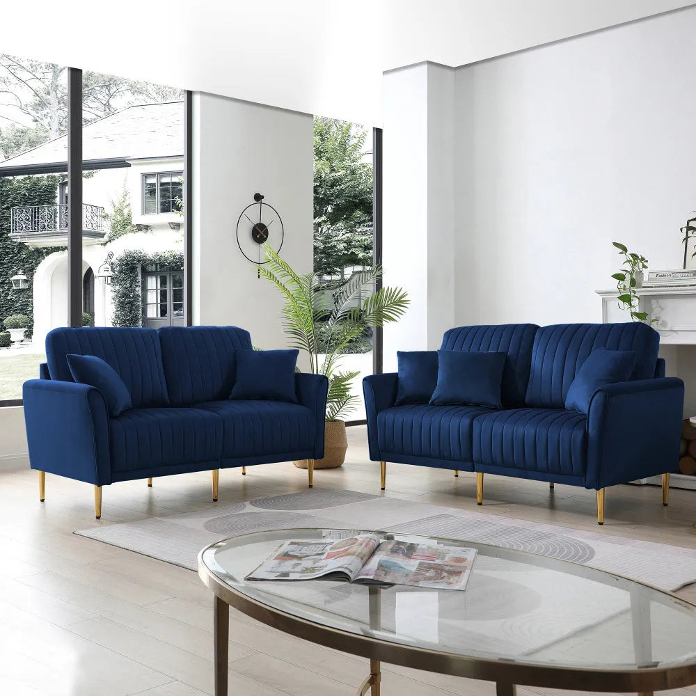 2 Piece Blue Velvet Sectional Sofa Set – Tufted Loveseat & Couch with Metal Legs for Living Room