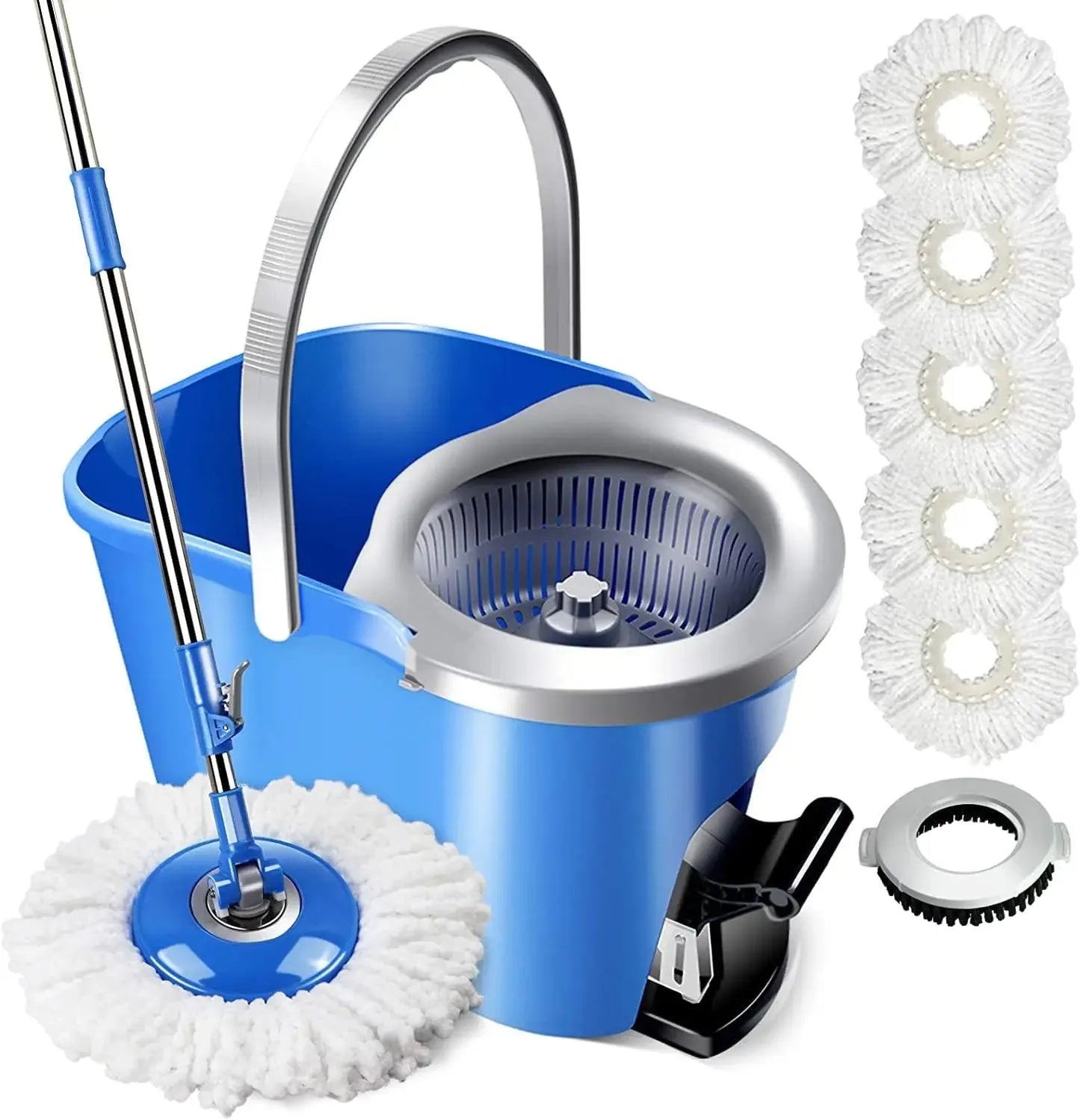 MASTERTOP Spin Mop and Bucket with Wringer Set, Foot Pedal, 360°Rotation, 5 Microfiber Mop Pads, 1 Brush Head, Hardwood Floor - Home Fusion