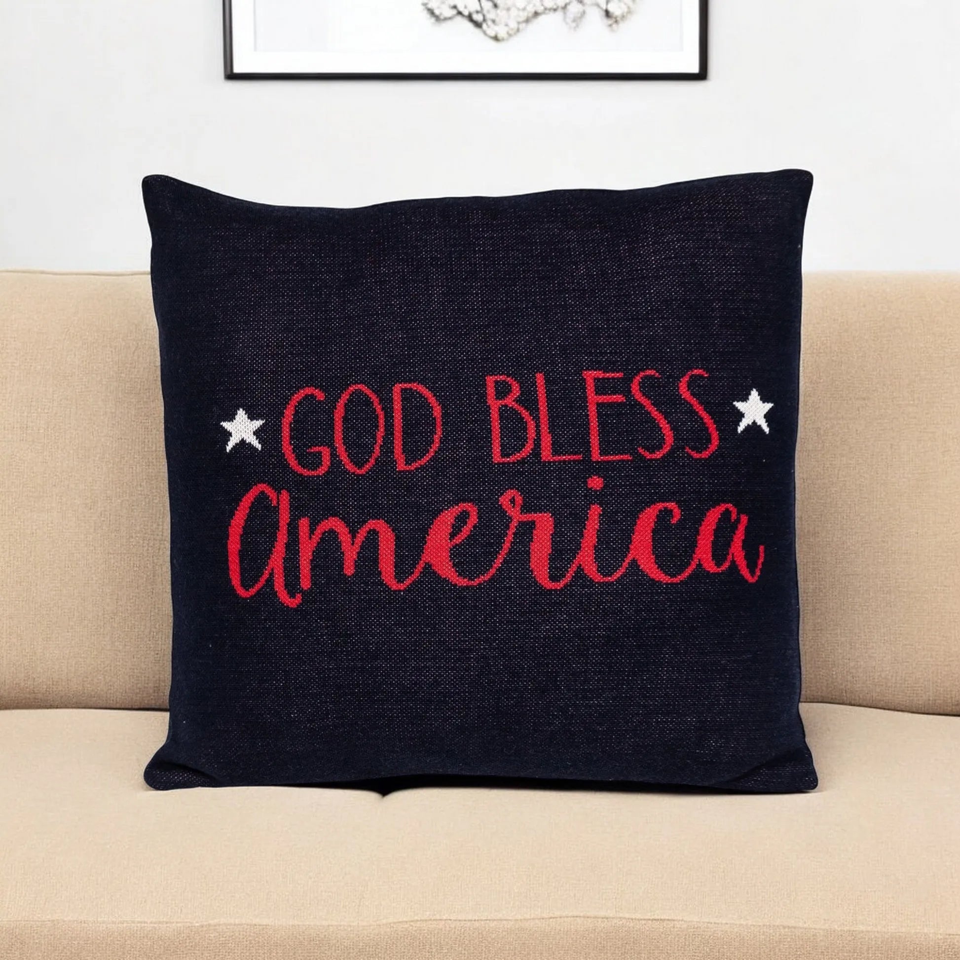 20" Navy Blue Red And White God Bless America Text Cotton Throw Pillow - Home Fusion