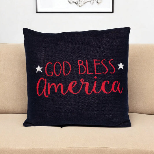 20" Navy Blue Red And White God Bless America Text Cotton Throw Pillow