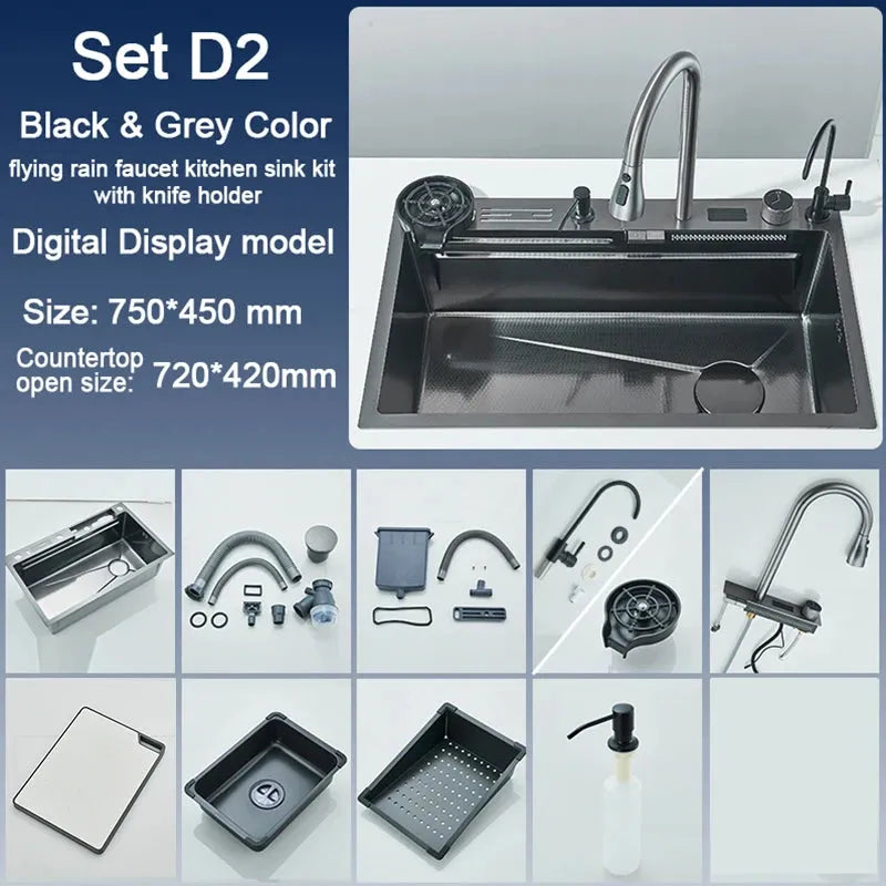 Stainless Steel Kitchen Sink with Faucet 75*45cm Large Single Bowl Digital Display Dish Basin Sink Waterfall Hot Cold Faucets - Home Fusion