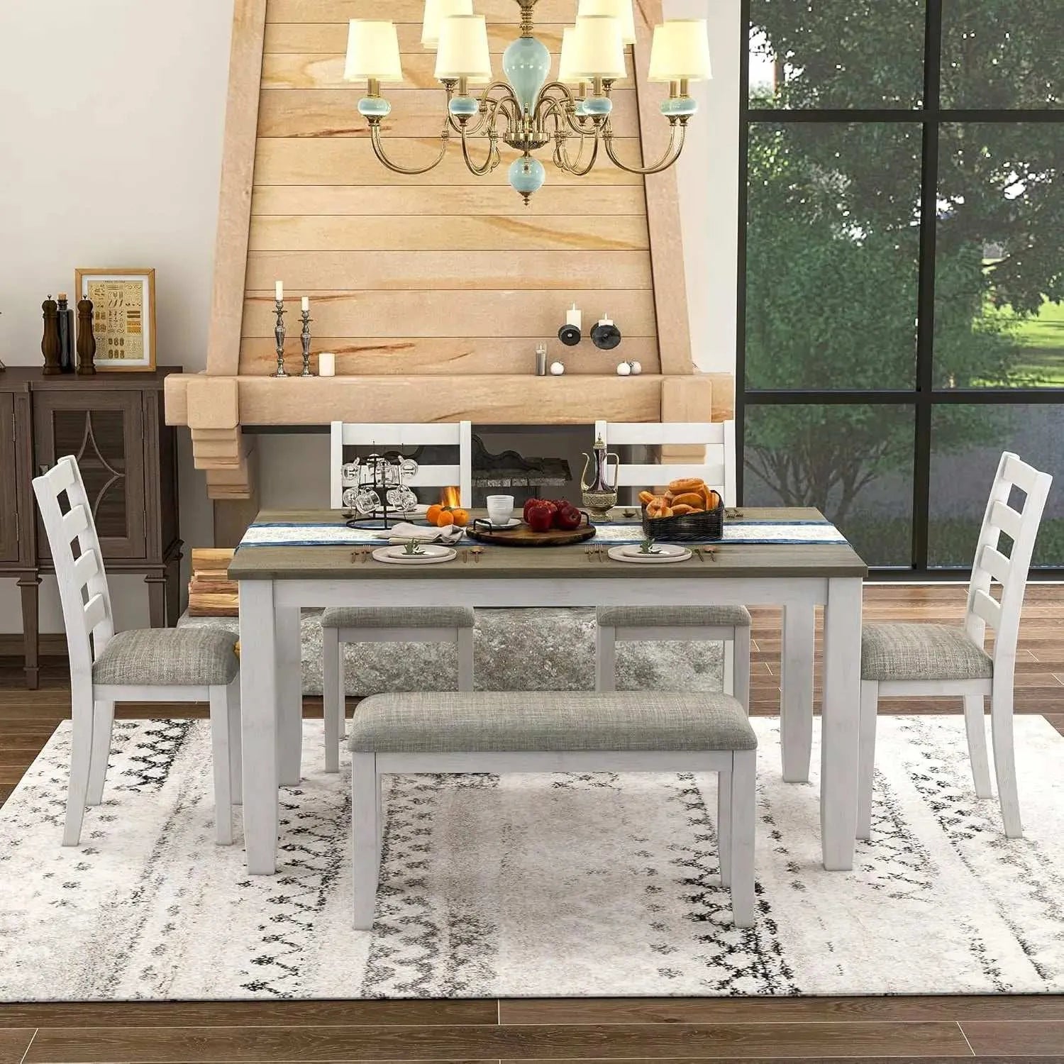 6 Pieces Dining Table Set with Bench. - Home Fusion