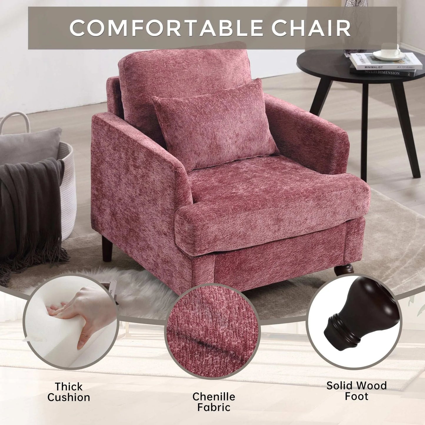 COOLMORE Wood Frame Armchair,  Modern Accent Chair Lounge Chair for Living Room,Tufted Club Chair, Mid Century Modern Arm Chairs with Studded, Solid Wood Frame, for Bedroom, Reading(Wine red Chenille) - Home Fusion