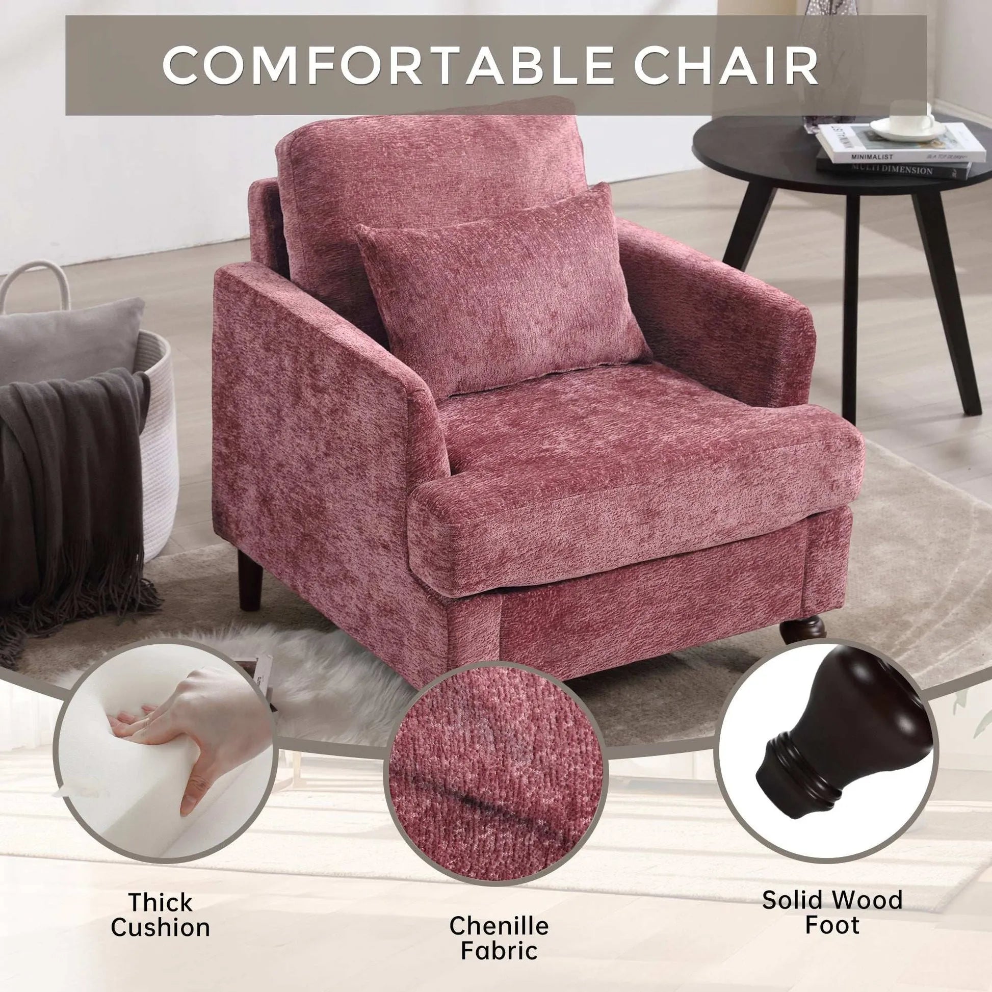 COOLMORE Wood Frame Armchair,  Modern Accent Chair Lounge Chair for Living Room,Tufted Club Chair, Mid Century Modern Arm Chairs with Studded, Solid Wood Frame, for Bedroom, Reading(Wine red Chenille) - Home Fusion