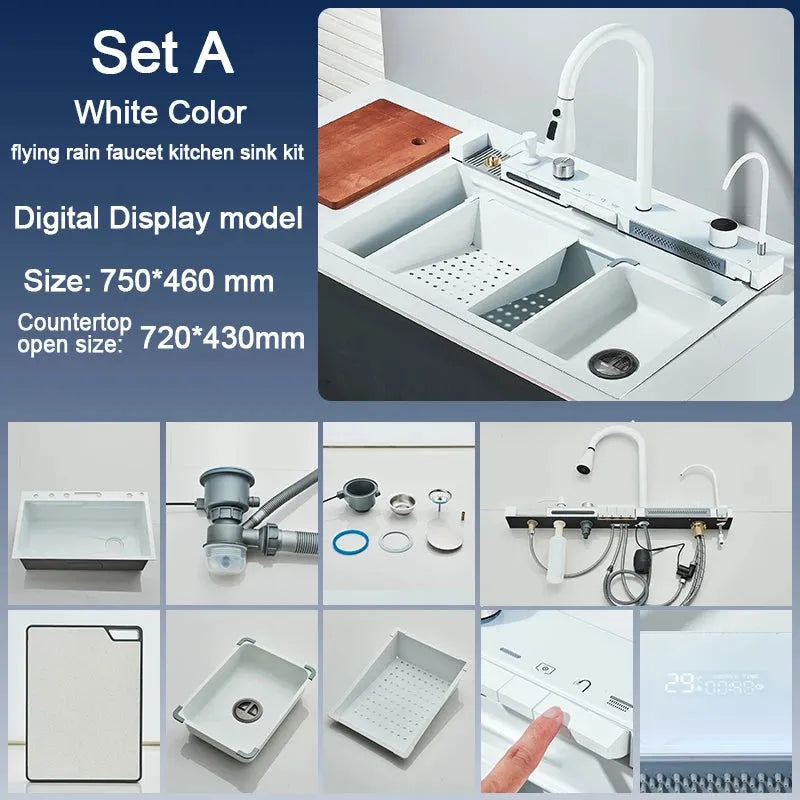 Stainless Steel Kitchen Sink with Faucet 75*45cm Large Single Bowl Digital Display Dish Basin Sink Waterfall Hot Cold Faucets - Home Fusion