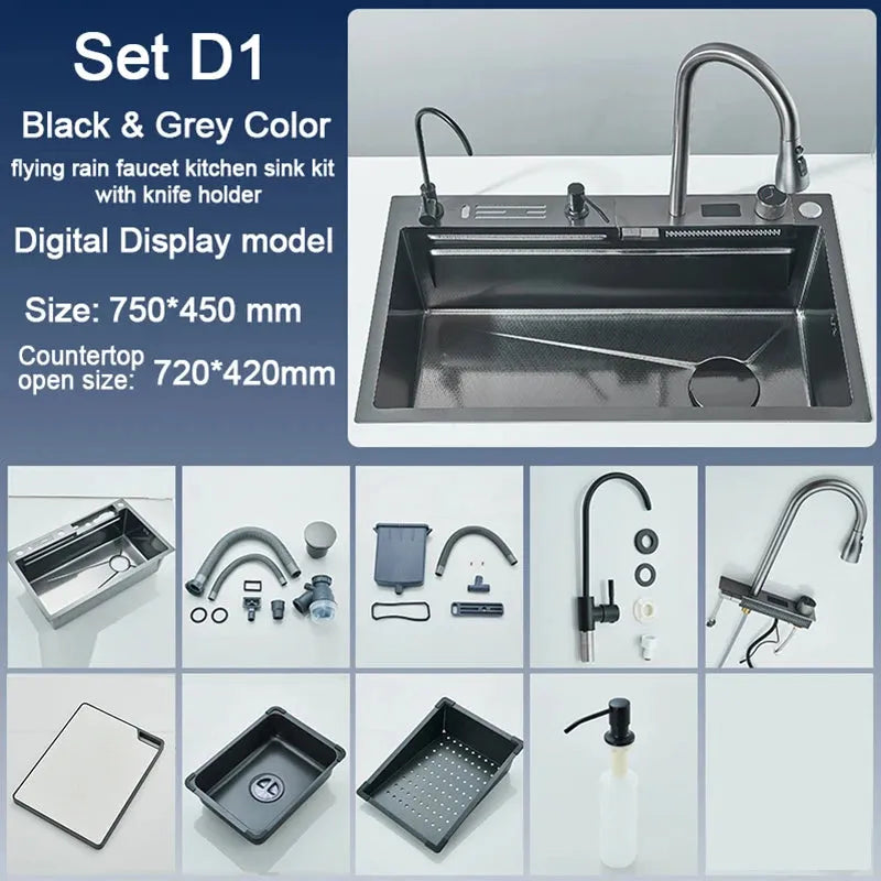 Stainless Steel Kitchen Sink with Faucet 75*45cm Large Single Bowl Digital Display Dish Basin Sink Waterfall Hot Cold Faucets - Home Fusion