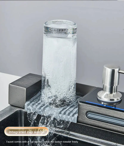 304 Stainless Steel Waterfall Kitchen Sink Large Single Slot Integrated Digital Display Faucet Set Soap Dispenser Cup Washer