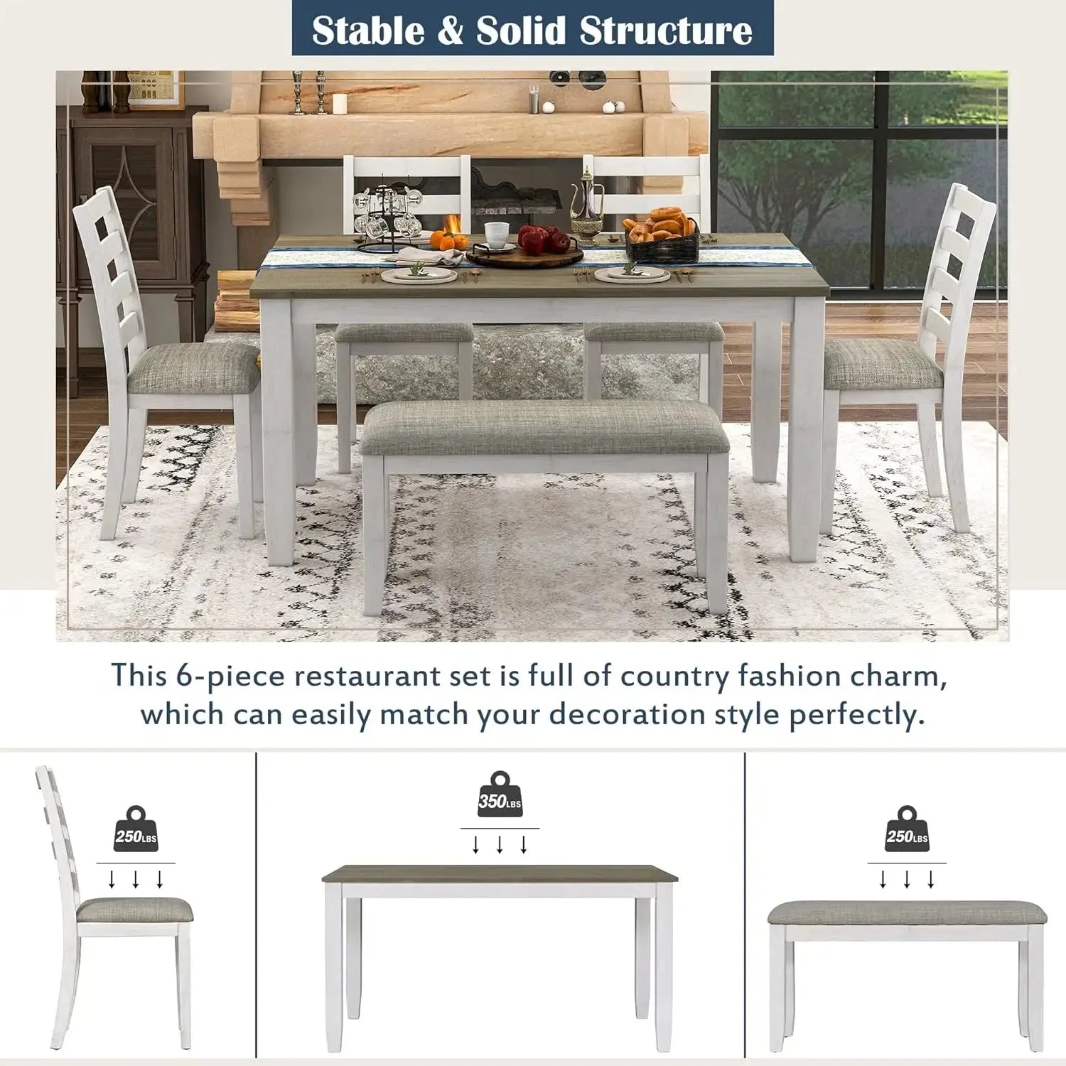 6 Pieces Dining Table Set with Bench. - Home Fusion
