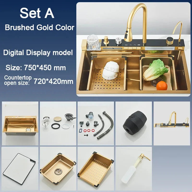 Stainless Steel Kitchen Sink with Faucet 75*45cm Large Single Bowl Digital Display Dish Basin Sink Waterfall Hot Cold Faucets - Home Fusion