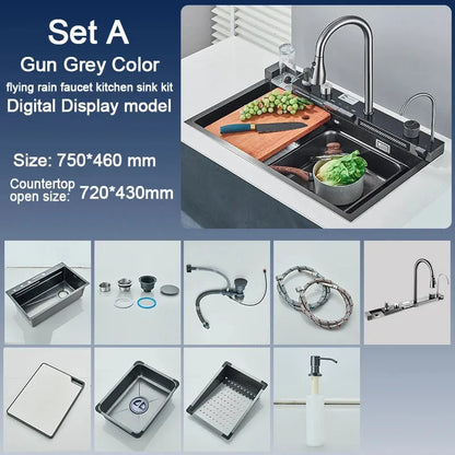 Stainless Steel Kitchen Sink with Faucet 75*45cm Large Single Bowl Digital Display Dish Basin Sink Waterfall Hot Cold Faucets - Home Fusion