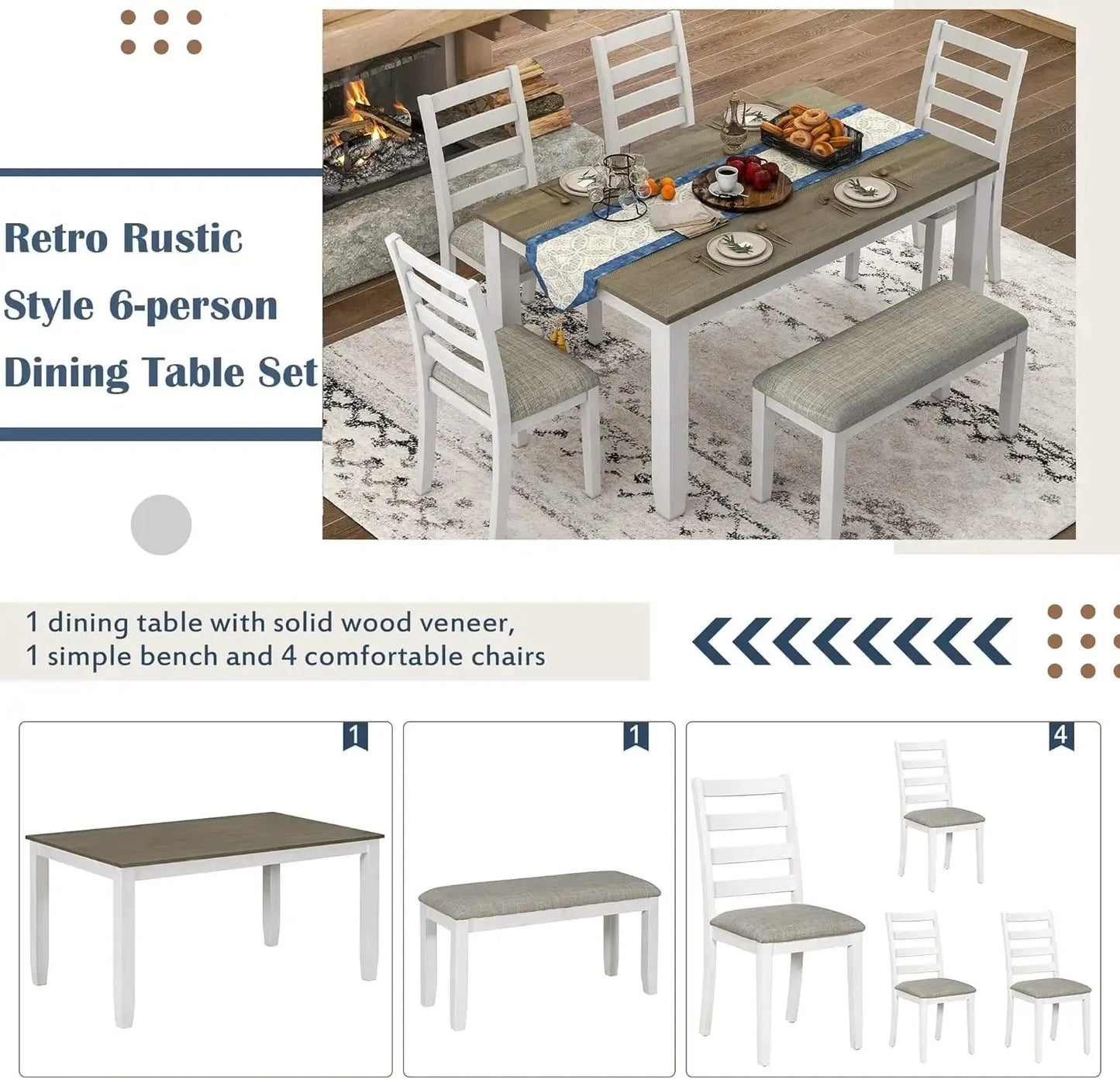 6 Pieces Dining Table Set with Bench. - Home Fusion