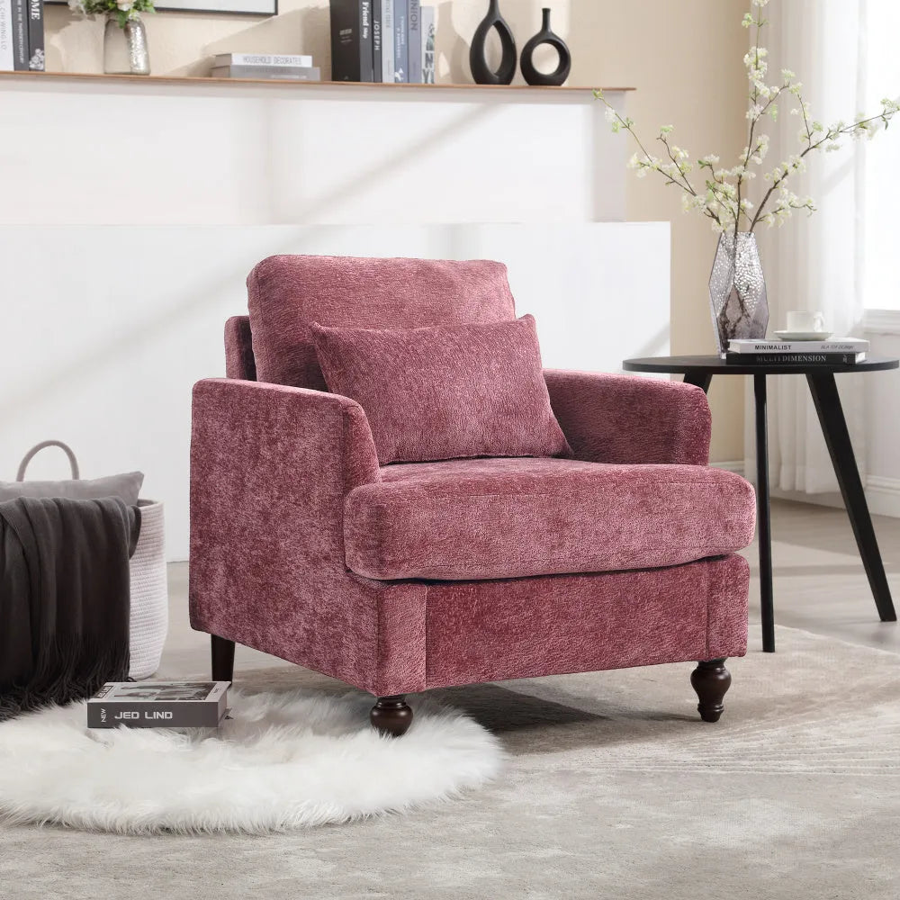 COOLMORE Wood Frame Armchair,  Modern Accent Chair Lounge Chair for Living Room,Tufted Club Chair, Mid Century Modern Arm Chairs with Studded, Solid Wood Frame, for Bedroom, Reading(Wine red Chenille) - Home Fusion