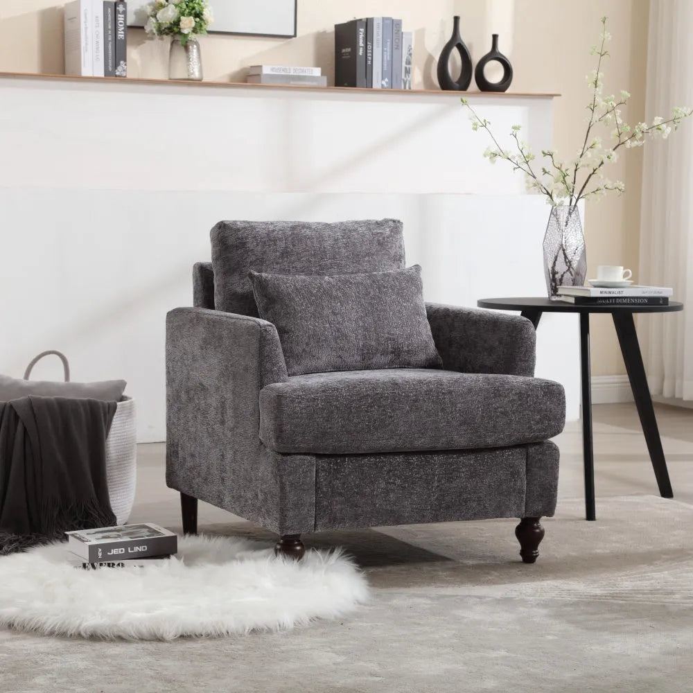 COOLMORE Wood Frame Armchair,  Modern Accent Chair Lounge Chair for Living Room,Tufted Club Chair, Mid Century Modern Arm Chairs with Studded, Solid Wood Frame, for Bedroom, Reading(Wine red Chenille) - Home Fusion