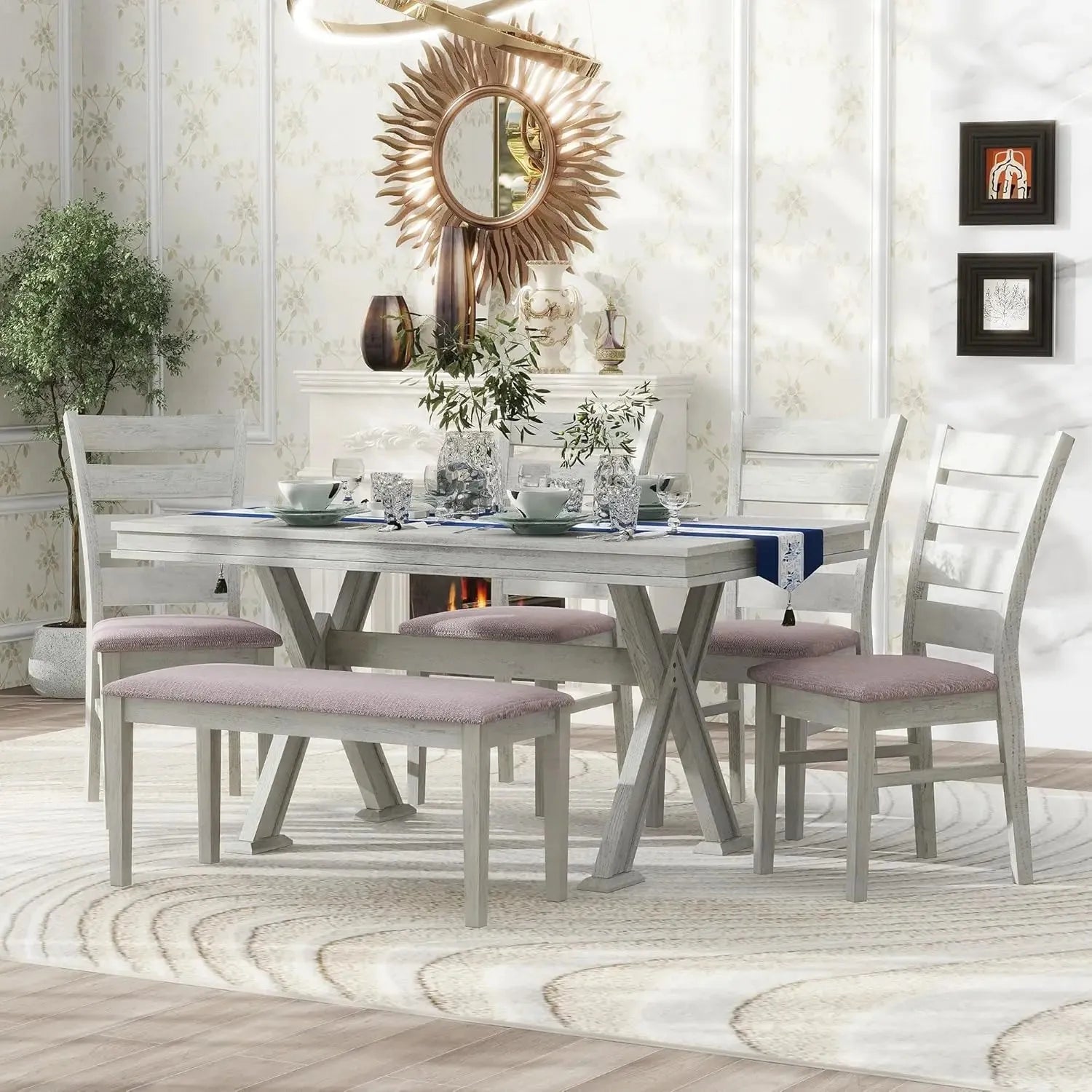 6 Pieces Dining Table Set with Bench. - Home Fusion