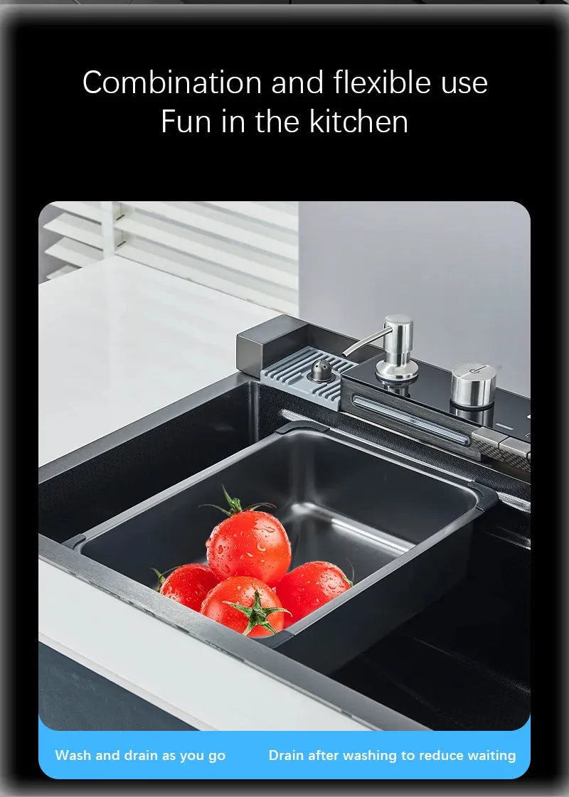 304 Stainless Steel Waterfall Kitchen Sink Large Single Slot Integrated Digital Display Faucet Set Soap Dispenser Cup Washer