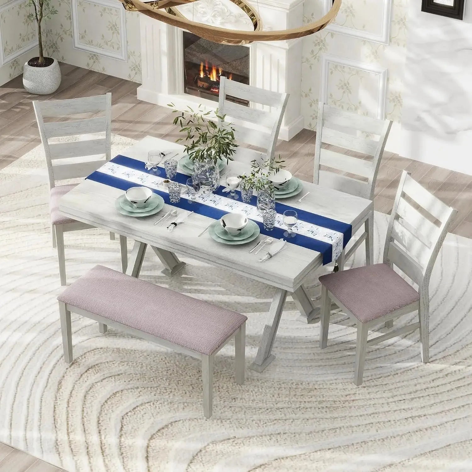 6 Pieces Dining Table Set with Bench. - Home Fusion