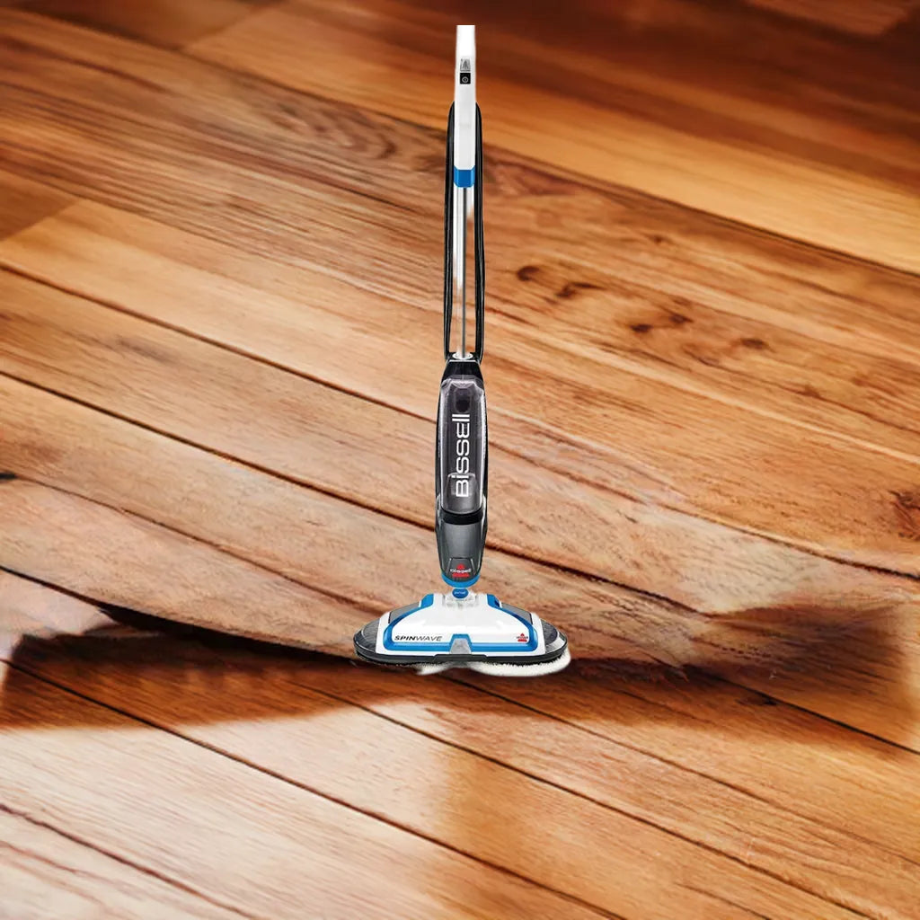 Lightweight SpinWave Hard Floor Spin Mop, with  Soft-Touch Pads, 2 Scrubby Pads, Easy to Maneuver On-Demand Spray, White/Black - Home Fusion