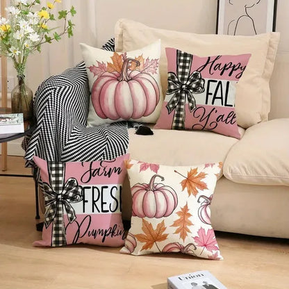 4PCS 18x18 Fall Pillow Covers – Pumpkin Maple Leaf Thanksgiving Decor.