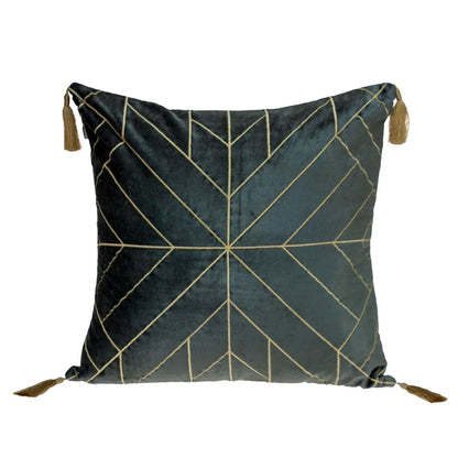 Charcoal and Gold Geo Velvet Throw Pillow with Gold Tassels - Home Fusion