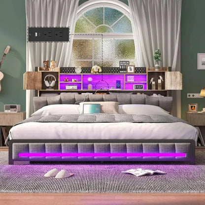 Queen Bed Frame with Charging Station. - Home Fusion