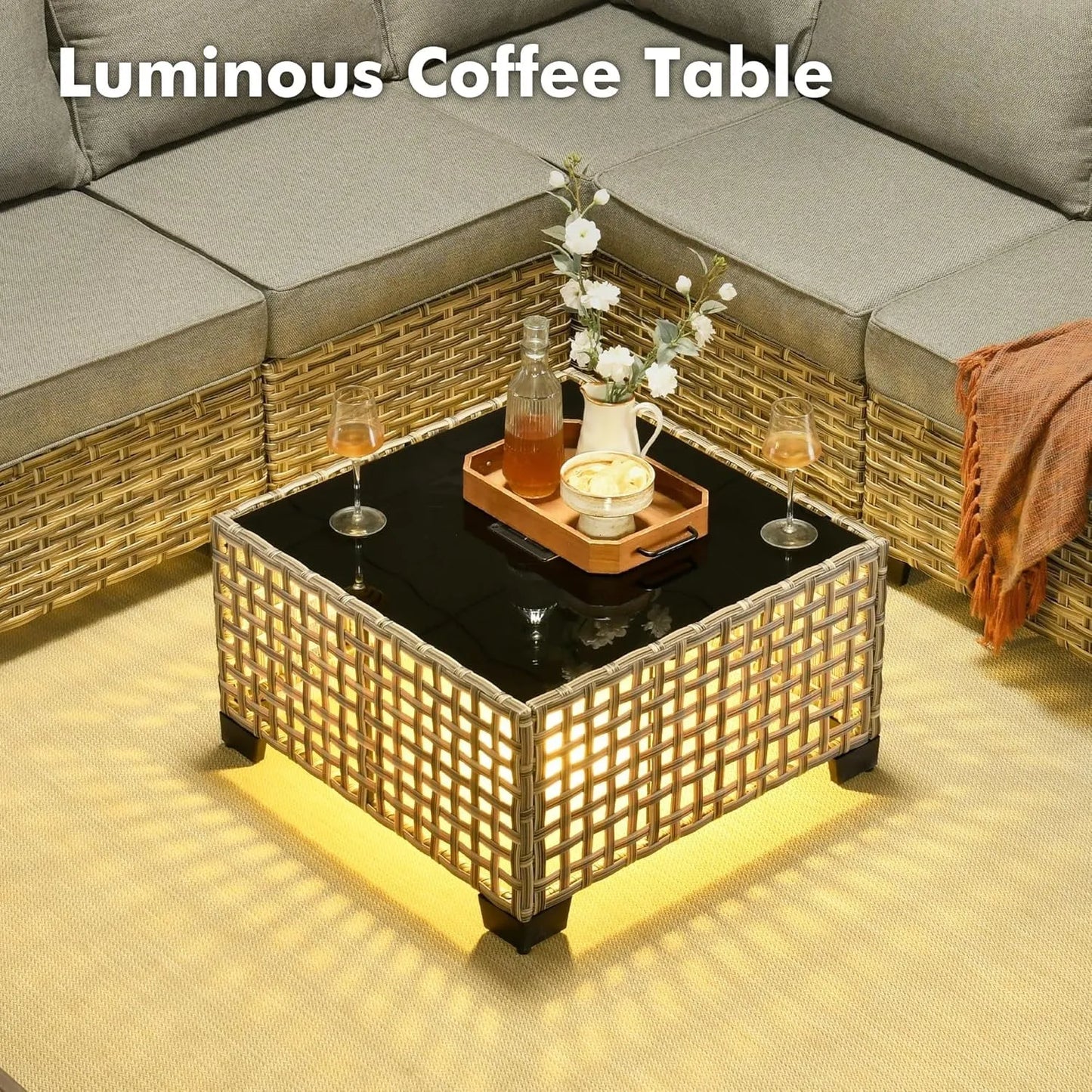 6-Piece Wicker Patio Furniture Set with Cushions & Coffee Table. - Home Fusion