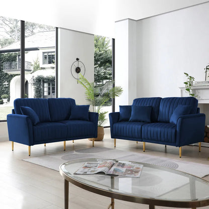 2 Piece Blue Velvet Sectional Sofa Set – Tufted Loveseat & Couch with Metal Legs for Living Room