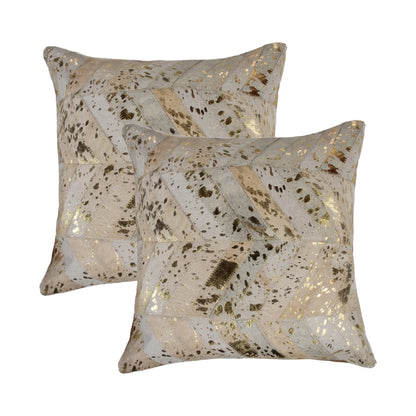 Set of Two 18" Natural and Gold Chevron Cowhide Throw Pillows with Glitter - Home Fusion