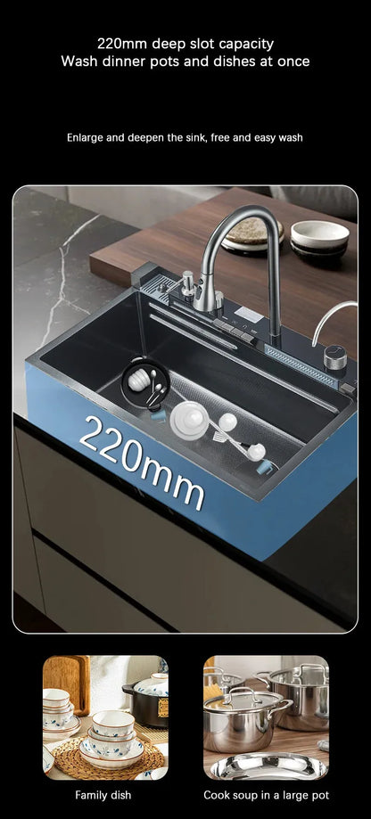 304 Stainless Steel Waterfall Kitchen Sink Large Single Slot Integrated Digital Display Faucet Set Soap Dispenser Cup Washer