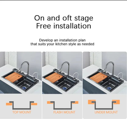 304 Stainless Steel Waterfall Kitchen Sink Large Single Slot Integrated Digital Display Faucet Set Soap Dispenser Cup Washer