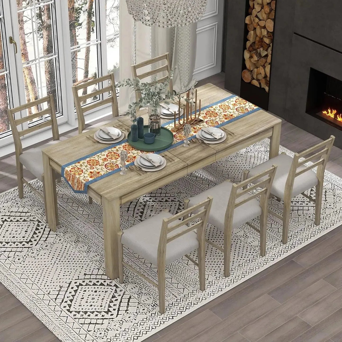 6 Pieces Dining Table Set with Bench. - Home Fusion
