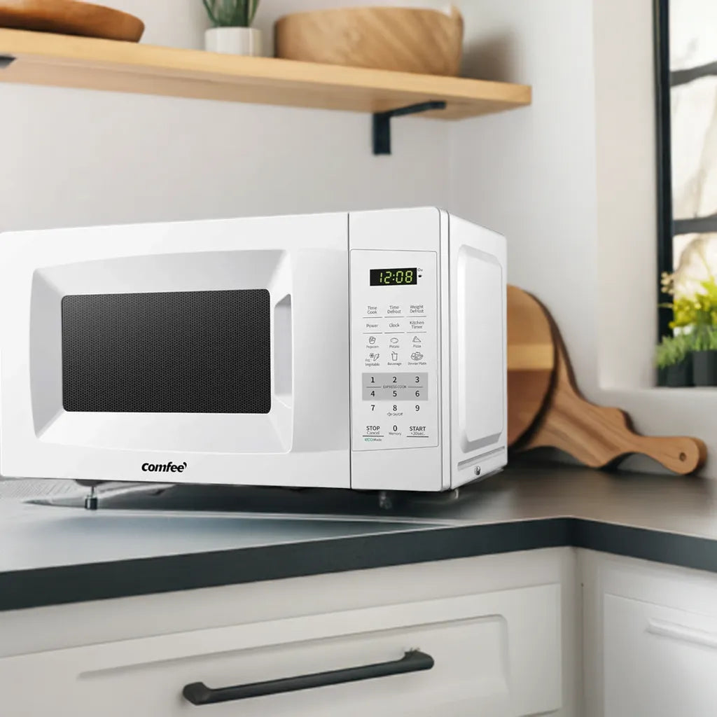 Countertop Microwave Oven with Sound On/Off, ECO Mode and Easy One-Touch Buttons, 0.7 Cu Ft/700W, Pearl White - Home Fusion