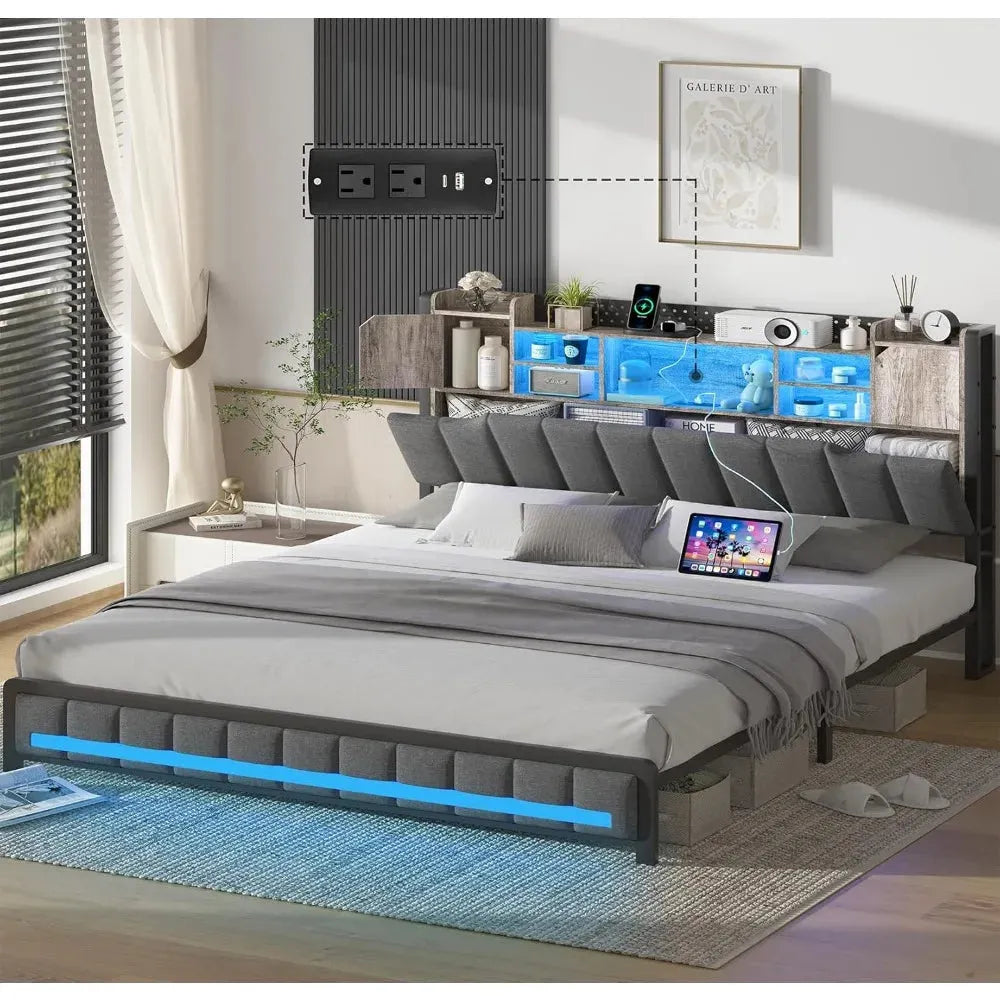 Queen Bed Frame with Charging Station. - Home Fusion