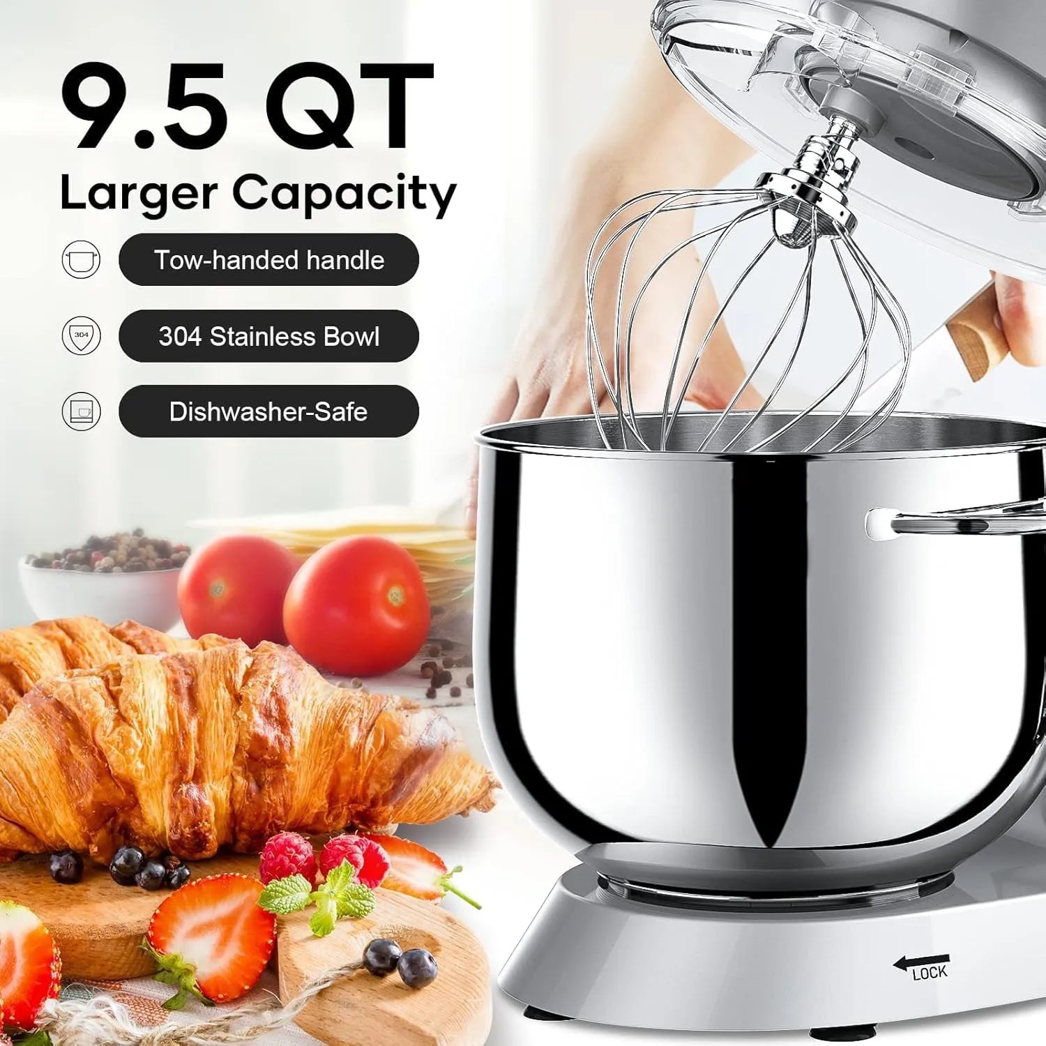 9.5 Qt Stand Mixer, 10-Speed Tilt-Head Food Mixer,  660W Kitchen Electric Mixer with Stainless Steel Bowl, Dishwasher-Safe Attachments for Most Home Cooks(Silver) - Home Fusion