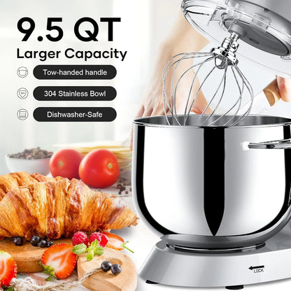 9.5 Qt Stand Mixer, 10-Speed Tilt-Head Food Mixer,  660W Kitchen Electric Mixer with Stainless Steel Bowl, Dishwasher-Safe Attachments for Most Home Cooks(Silver) - Home Fusion