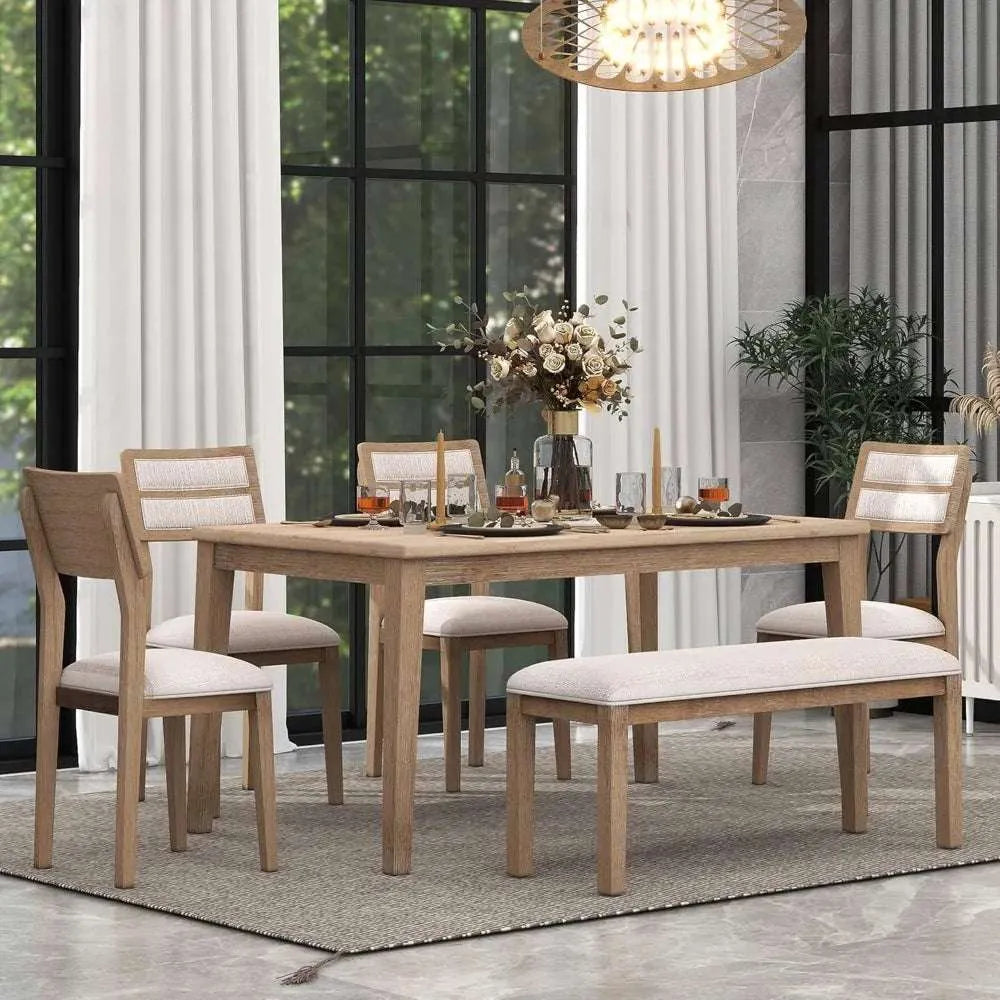 6 Pieces Dining Table Set with Bench, Rectangle Dining Table with 4 Upholstered Chairs & a Bench, Kitchen Table Chairs Set for 6 - Home Fusion