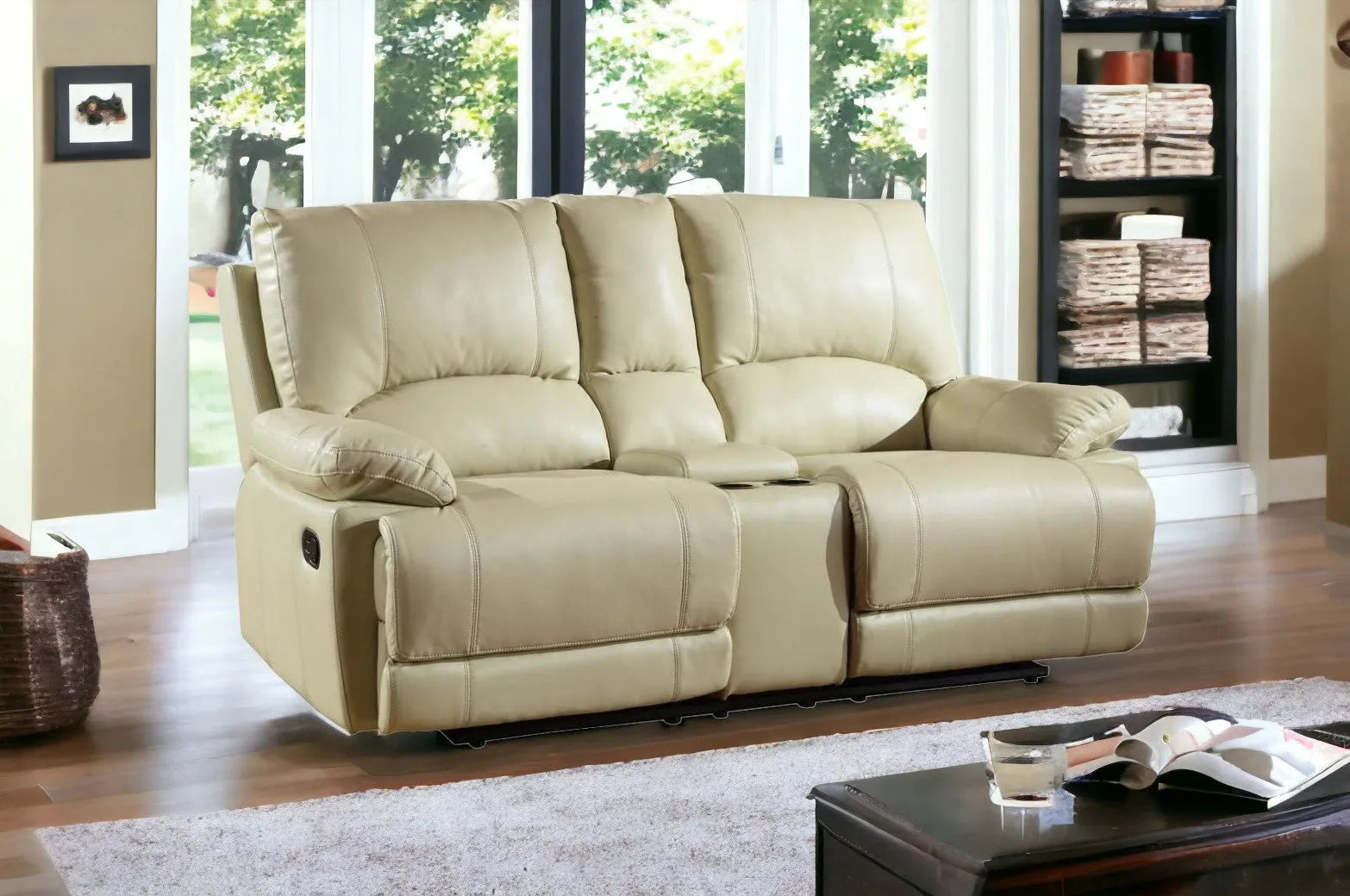 76" Beige Faux Leather Manual Reclining Love Seat With Storage - Home Fusion