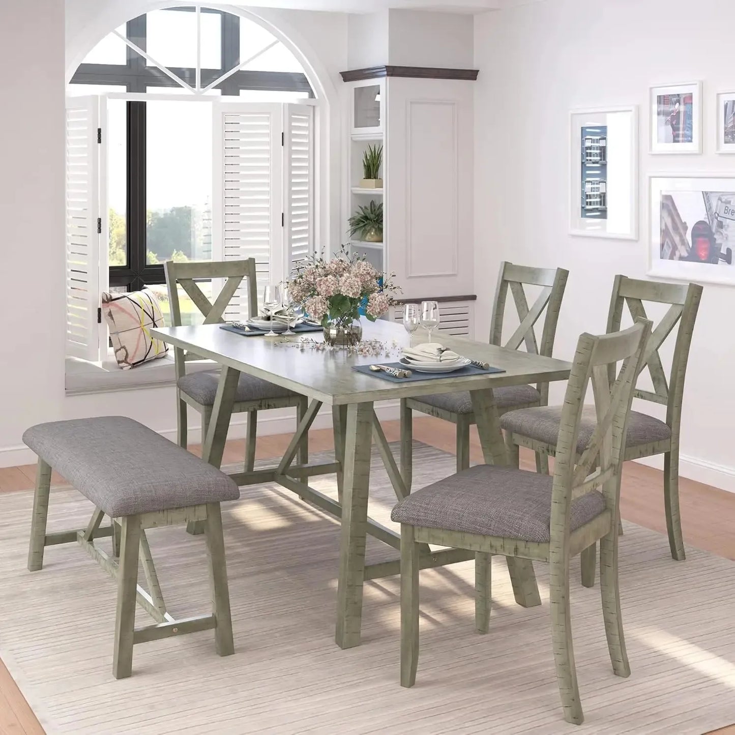 6 Pieces Dining Table Set with Bench. - Home Fusion