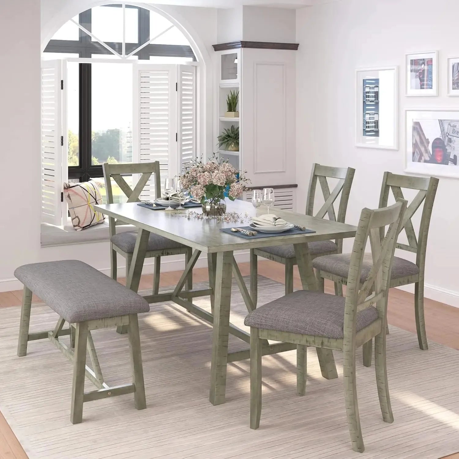6 Pieces Dining Table Set with Bench. - Home Fusion
