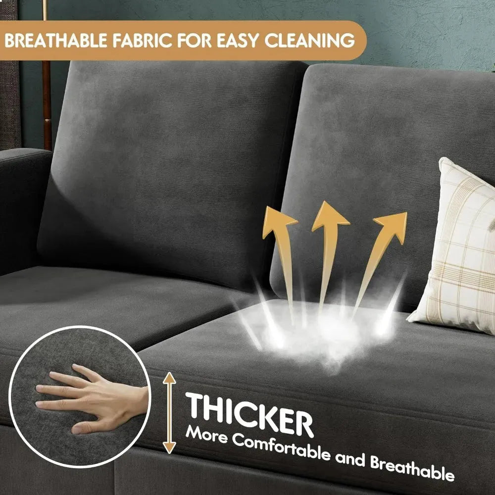 Convertible Sectional Couch, 3 Seat L-Shaped Sofa with Linen Fabric Ottoman Small Couch for Small Apartments