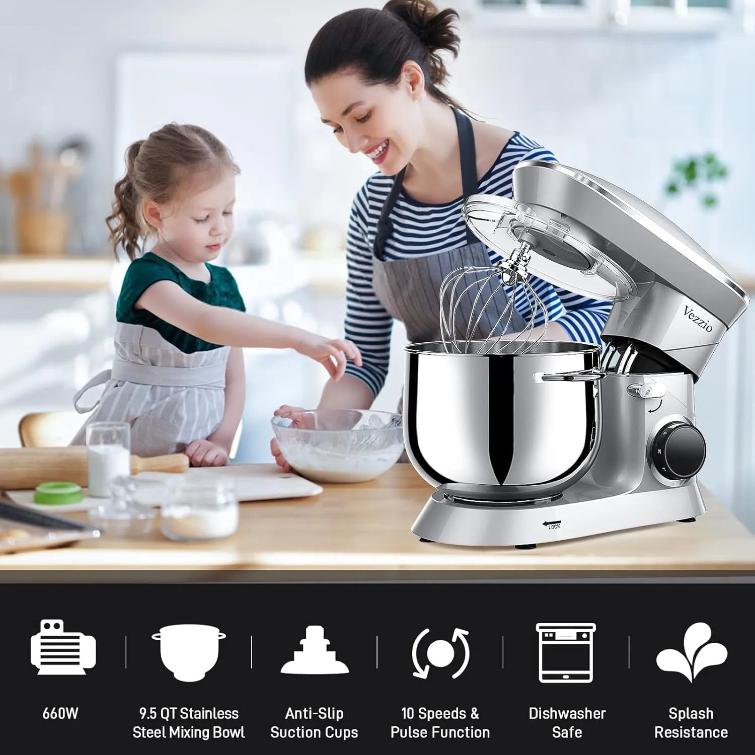 9.5 Qt Stand Mixer, 10-Speed Tilt-Head Food Mixer,  660W Kitchen Electric Mixer with Stainless Steel Bowl, Dishwasher-Safe Attachments for Most Home Cooks(Silver) - Home Fusion