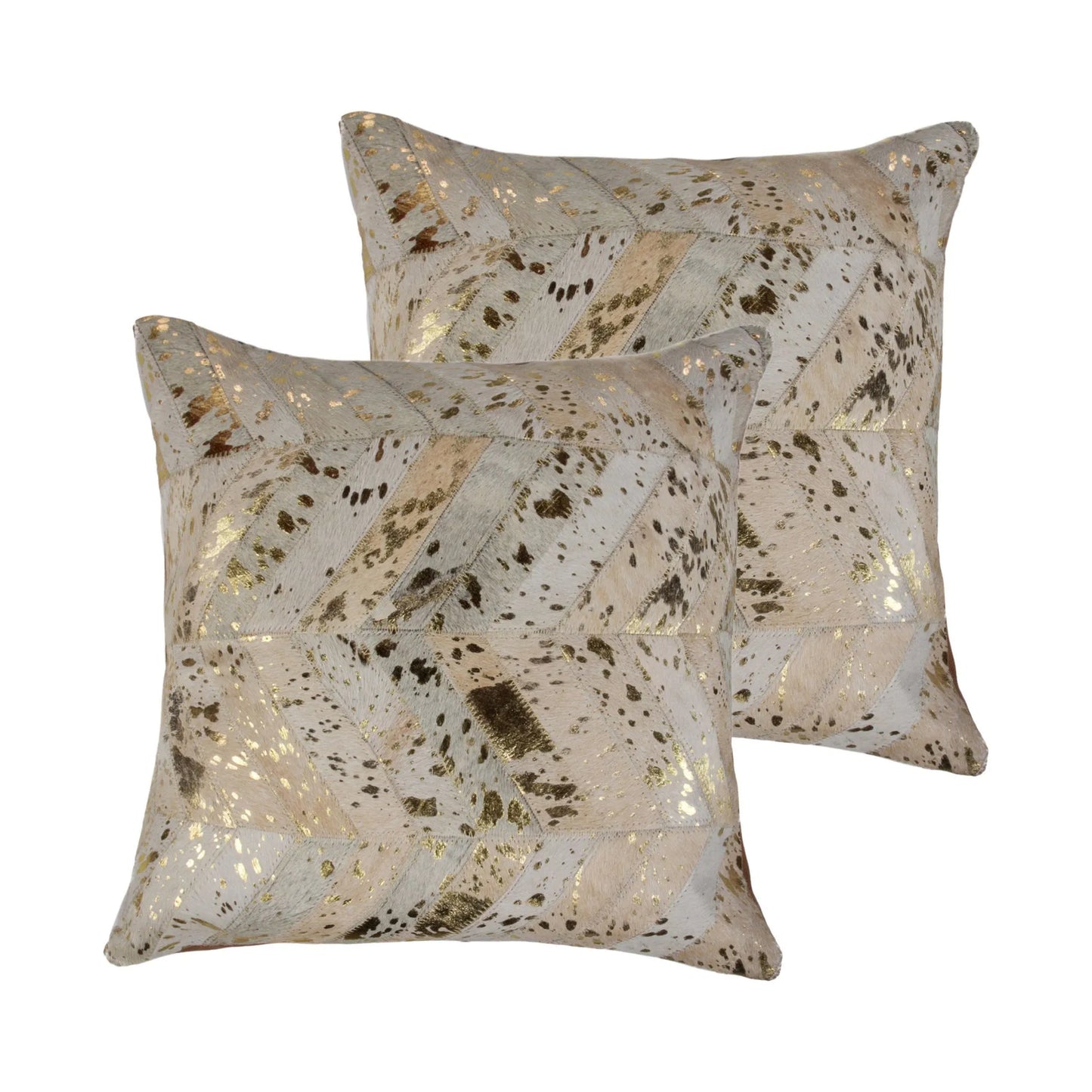 Set of Two 18" Natural and Gold Chevron Cowhide Throw Pillows with Glitter - Home Fusion