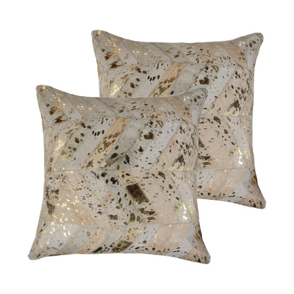 Set of Two 18" Natural and Gold Chevron Cowhide Throw Pillows with Glitter - Home Fusion