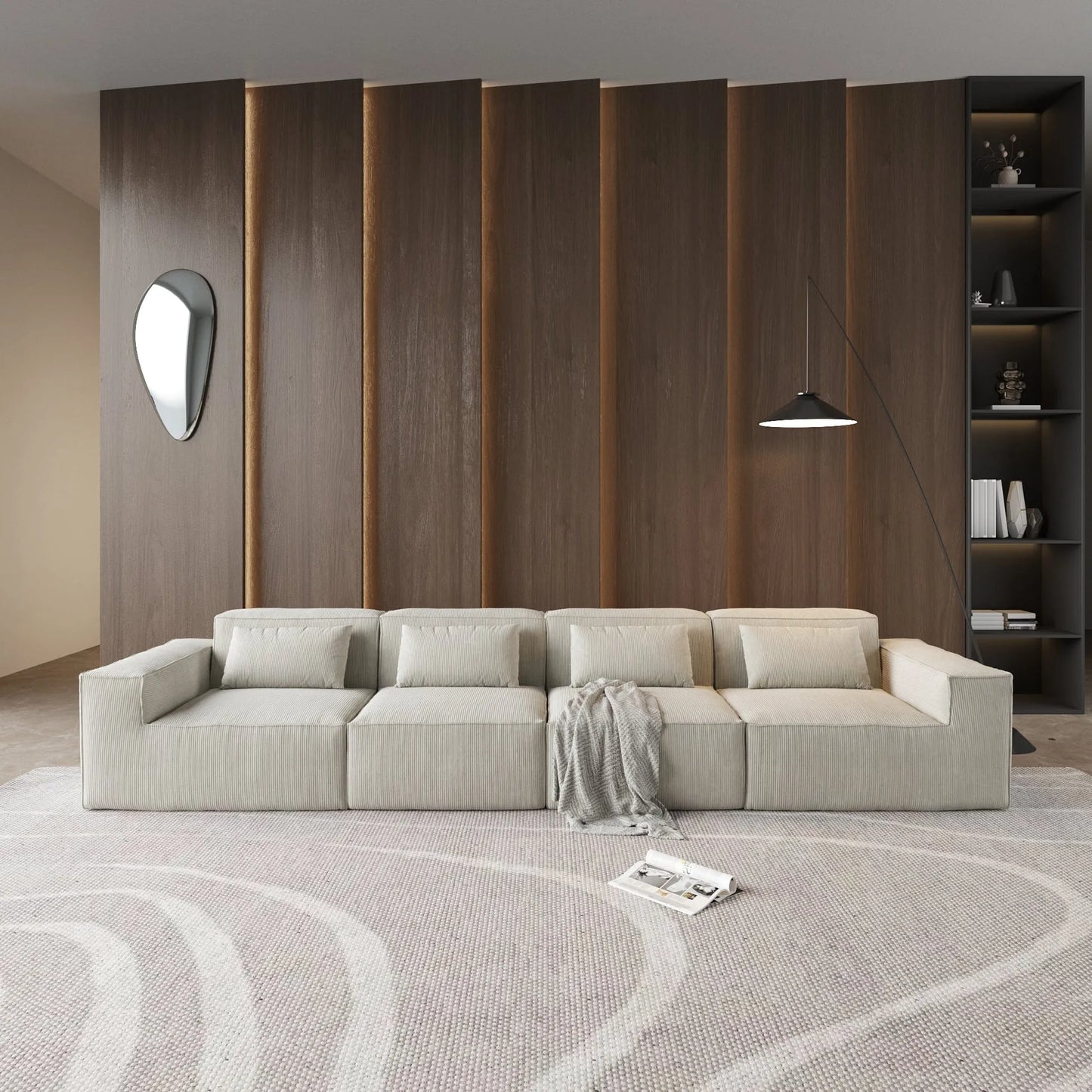 “Modern Sectional 4-Seater Sofa with Deep Seating & Cushions – Perfect for Family Rooms”