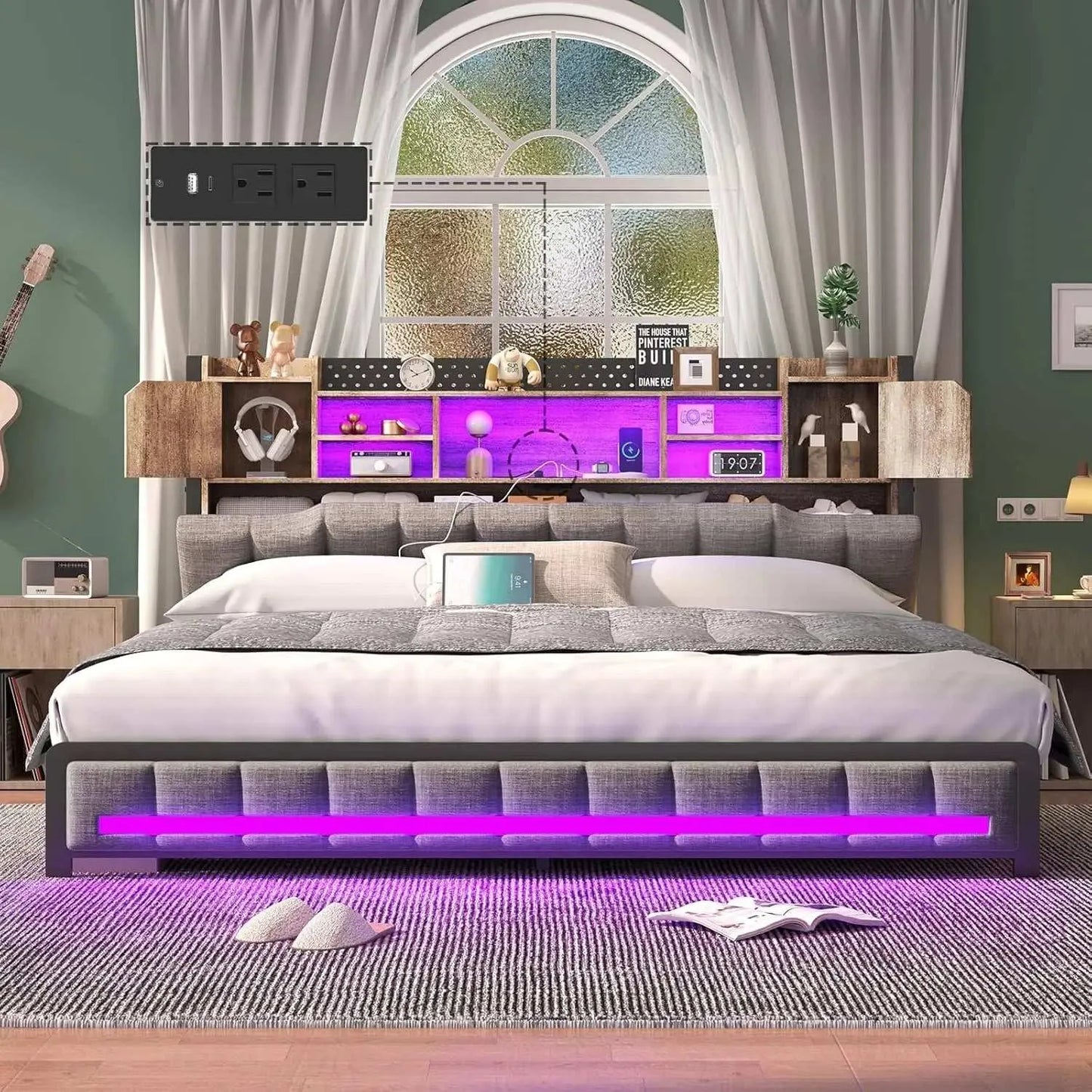Queen Bed Frame with Charging Station. - Home Fusion