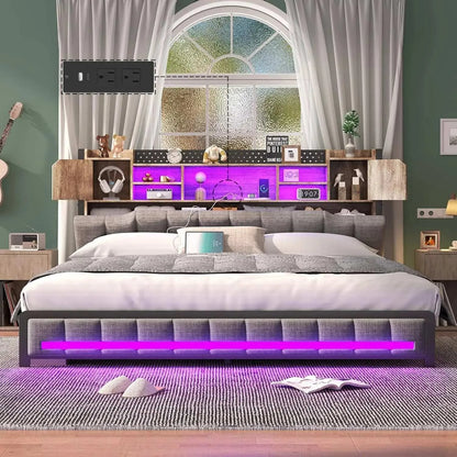 Queen Bed Frame with Charging Station. - Home Fusion