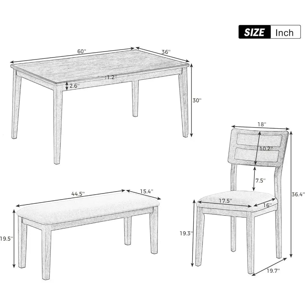 6 Pieces Dining Table Set with Bench, Rectangle Dining Table with 4 Upholstered Chairs & a Bench, Kitchen Table Chairs Set for 6 - Home Fusion