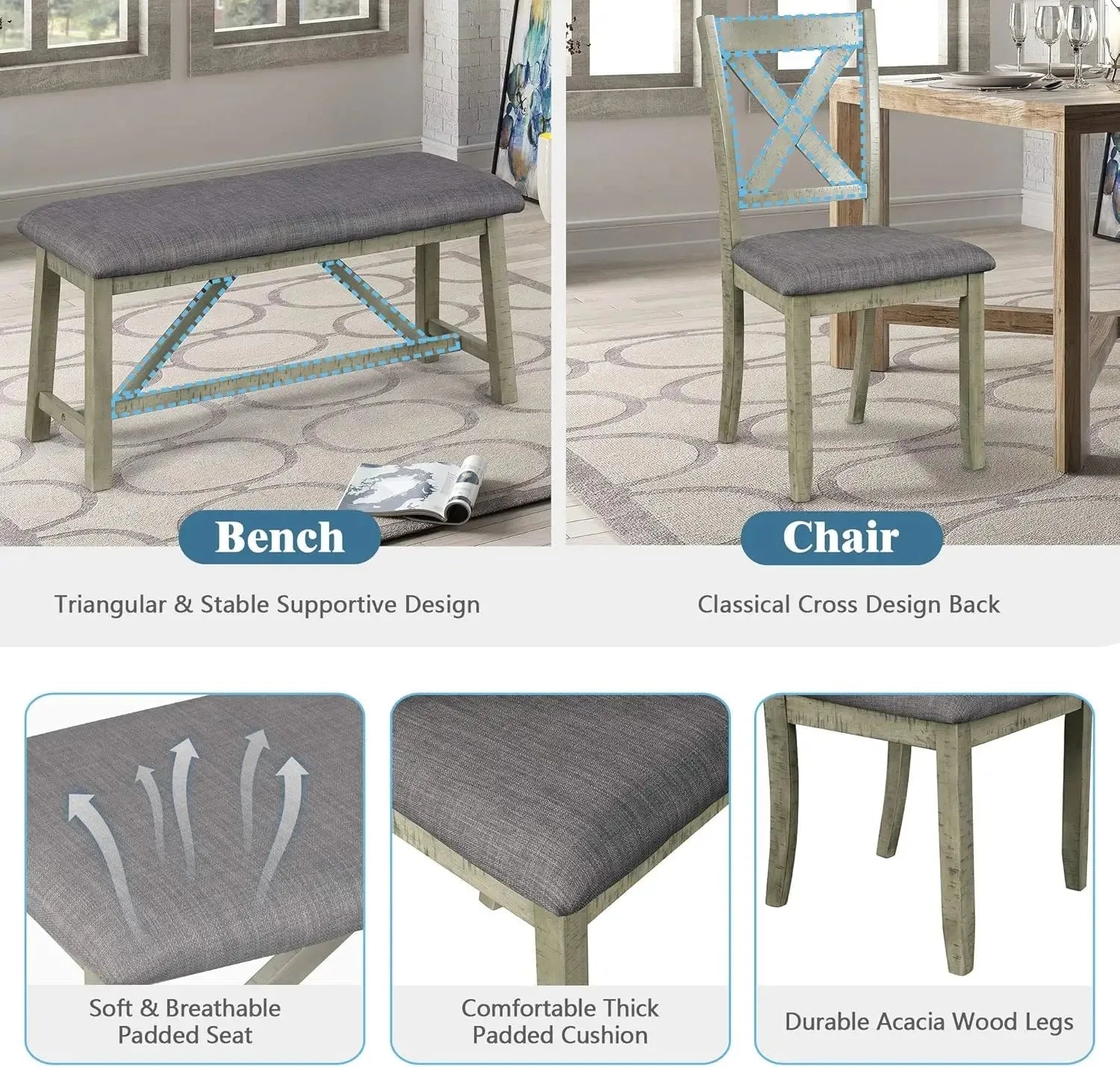 6 Pieces Dining Table Set with Bench. - Home Fusion