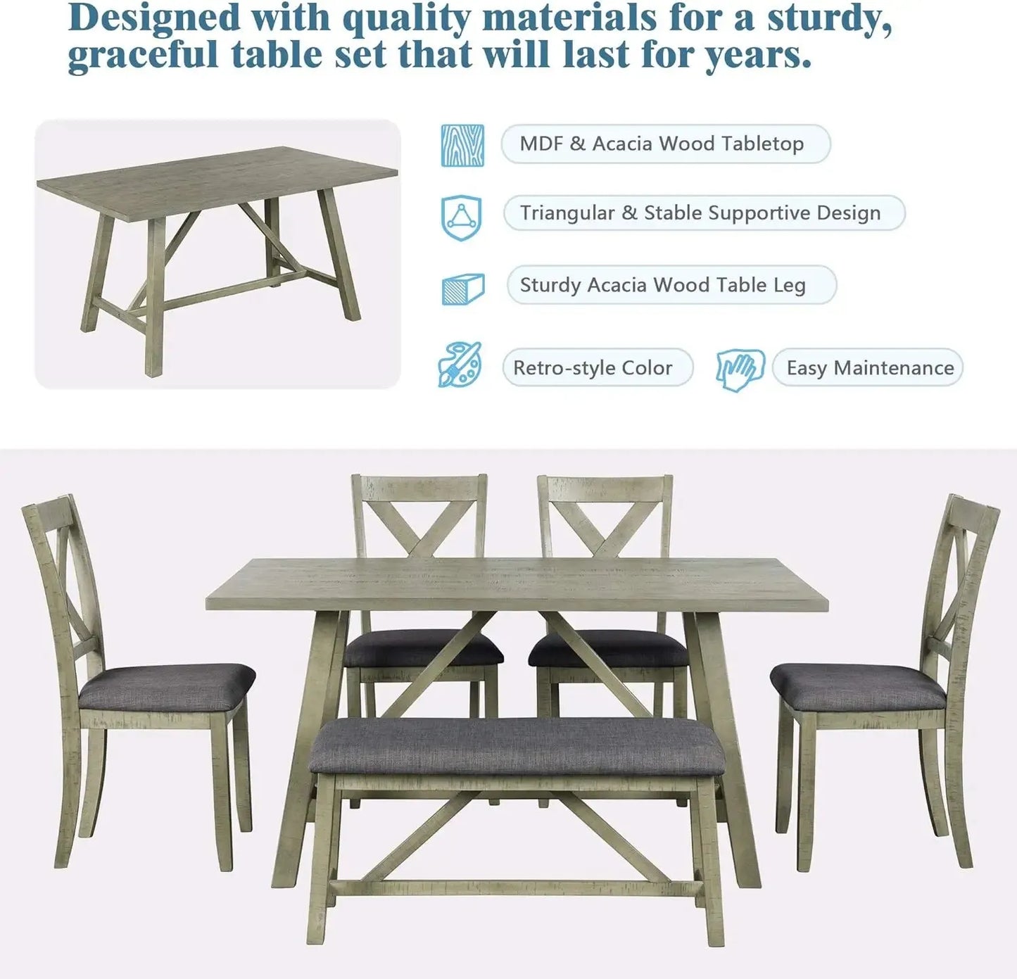 6 Pieces Dining Table Set with Bench. - Home Fusion