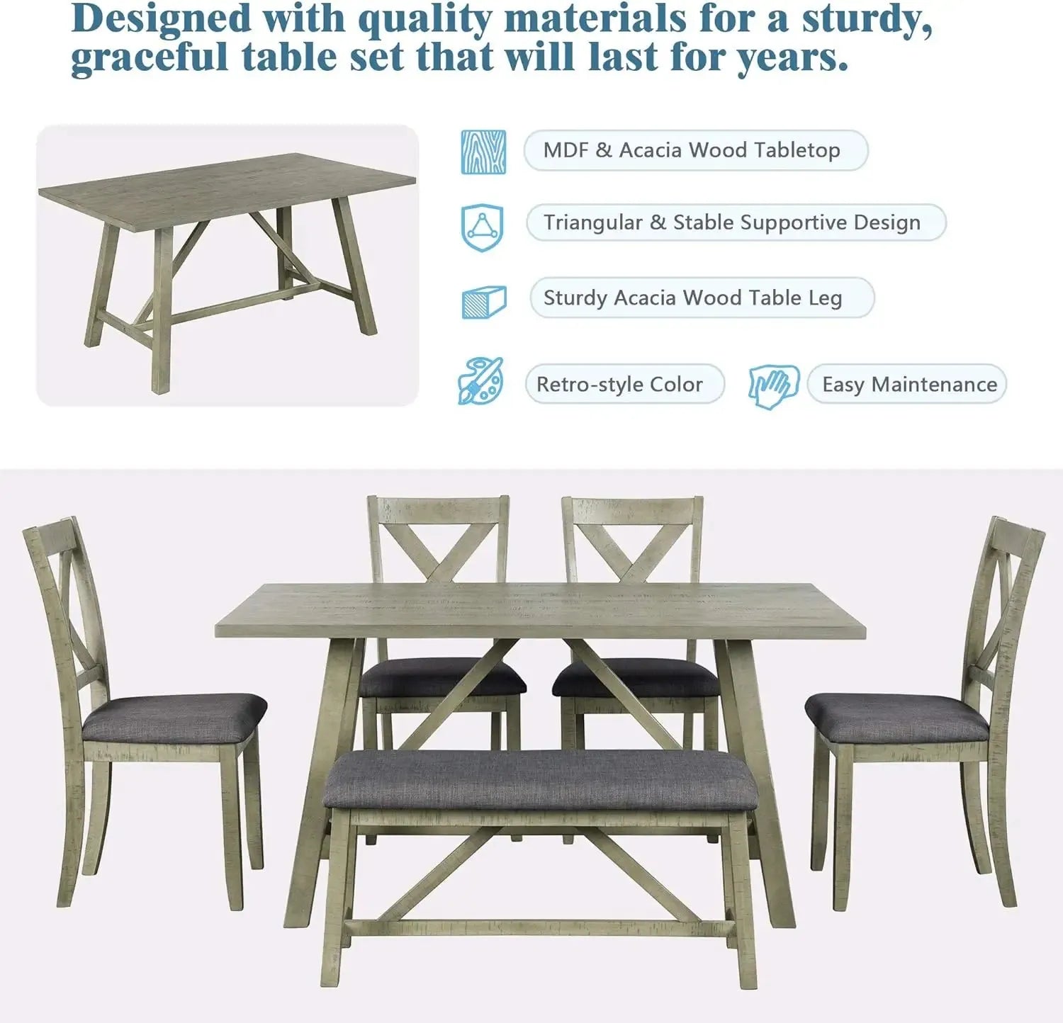 6 Pieces Dining Table Set with Bench. - Home Fusion